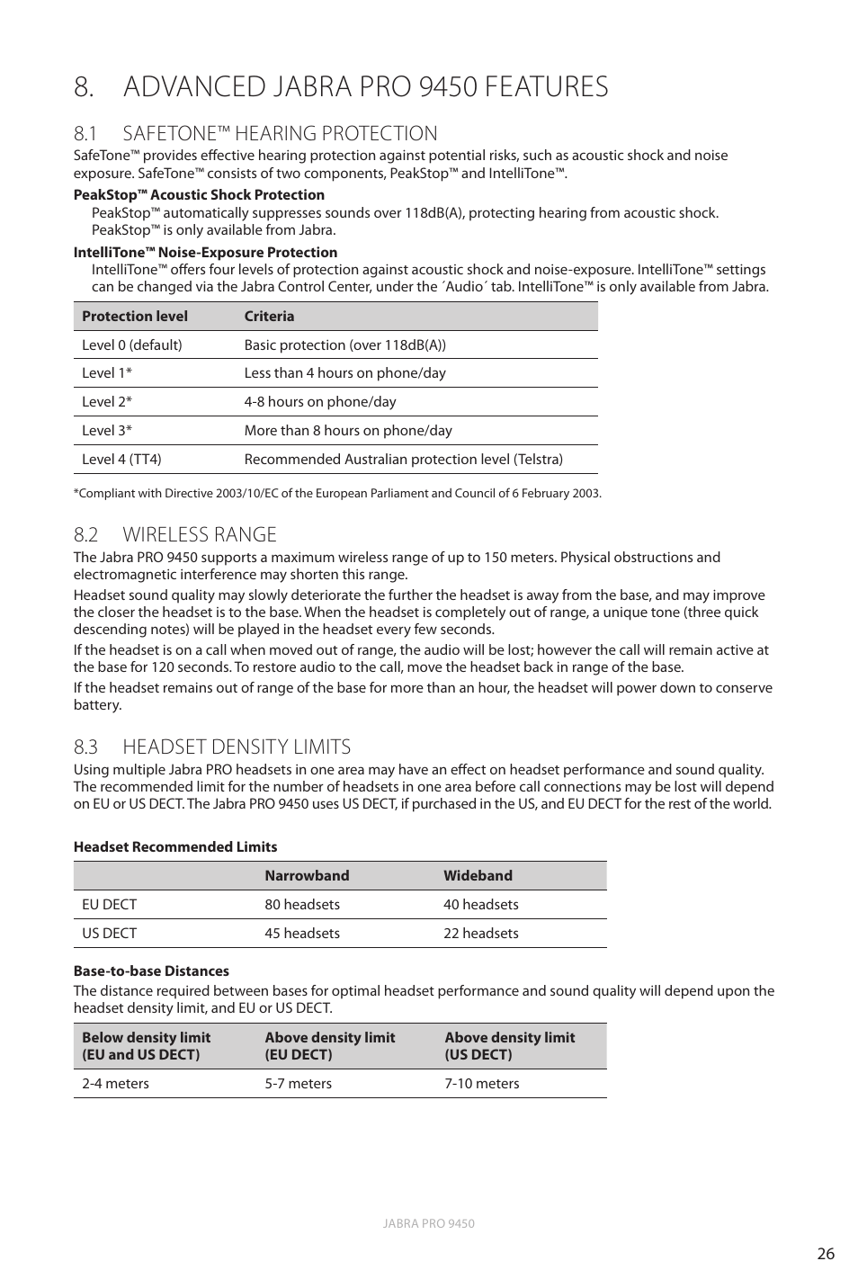 Advanced jabra pro 9450 features, 1 safetone™ hearing protection, 2 wireless range | 3 headset density limits, En g li sh | Jabra Pro 9450 User Manual | Page 26 / 38