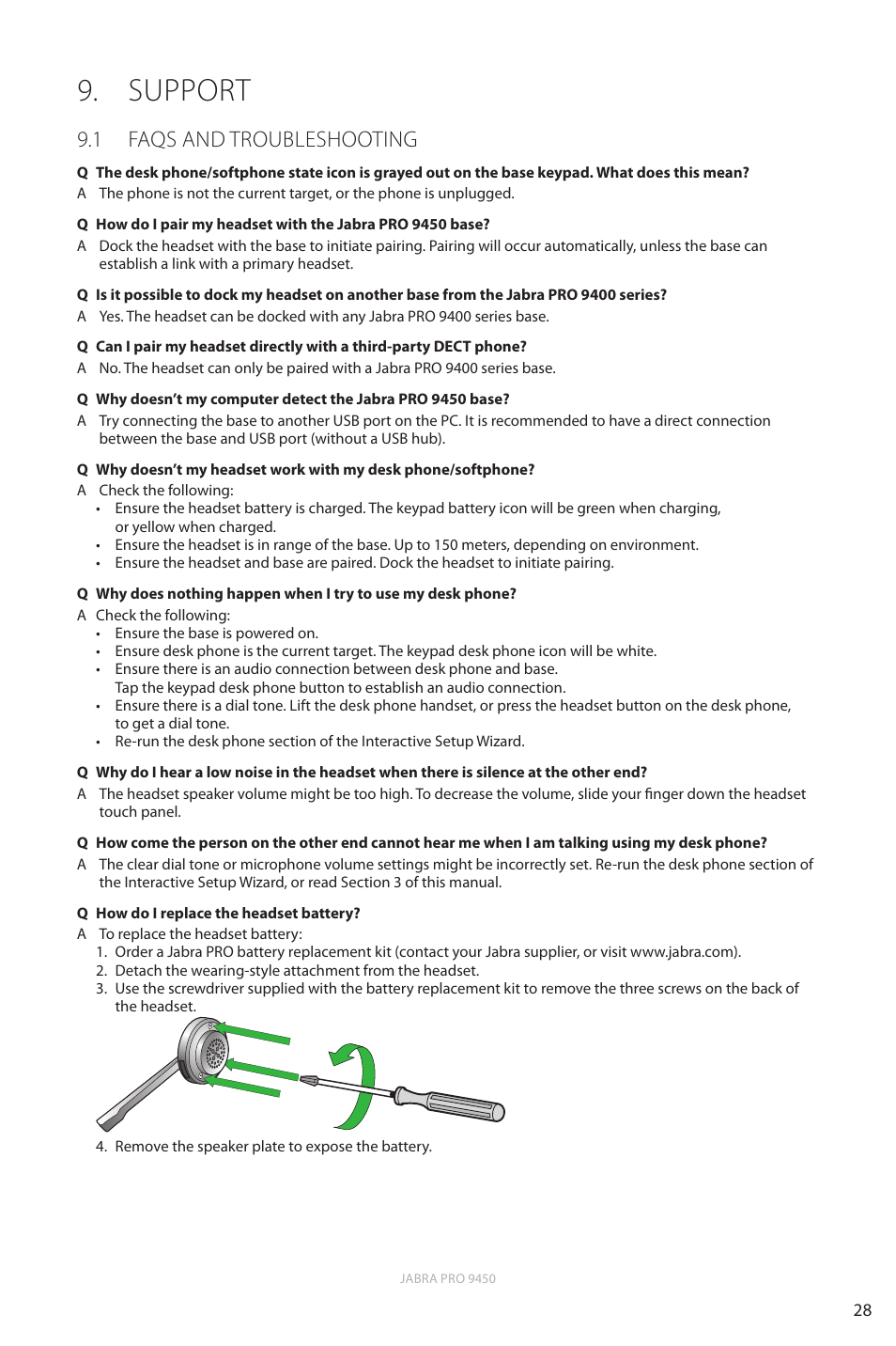 Support, 1 faqs and troubleshooting, En g li sh | Jabra Pro 9450 User Manual | Page 28 / 38