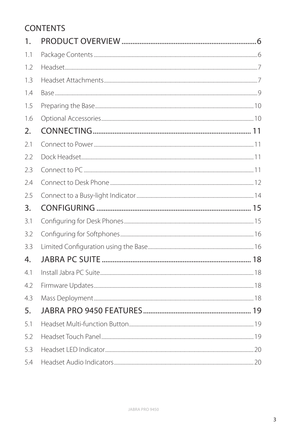 Contents 1. product overview, Connecting, Configuring | Jabra pc suite, Jabra pro 9450 features | Jabra Pro 9450 User Manual | Page 3 / 38