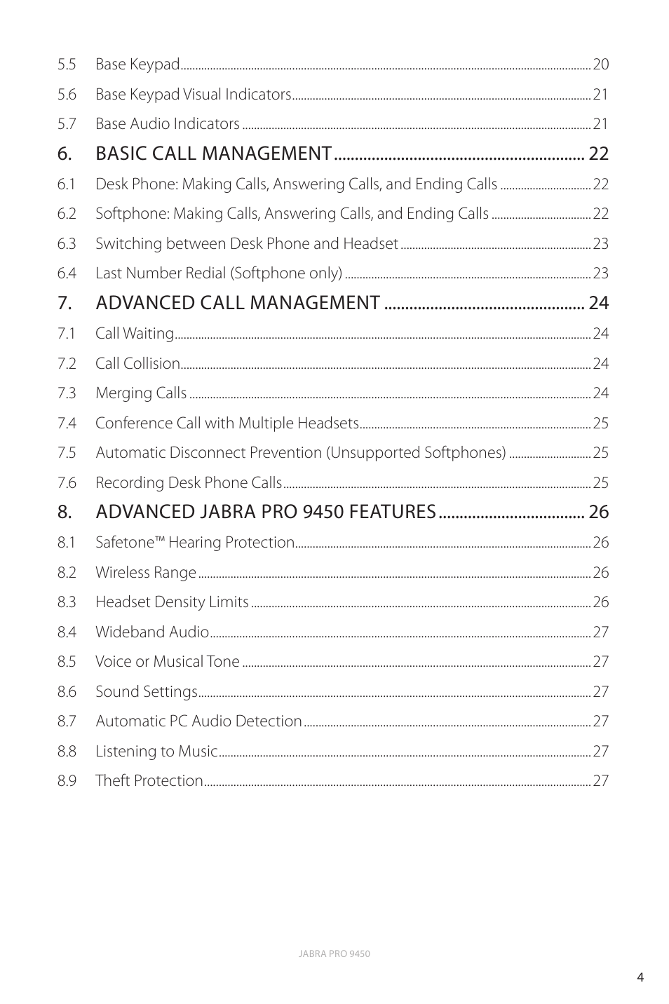 Basic call management, Advanced call management, Advanced jabra pro 9450 features | Jabra Pro 9450 User Manual | Page 4 / 38