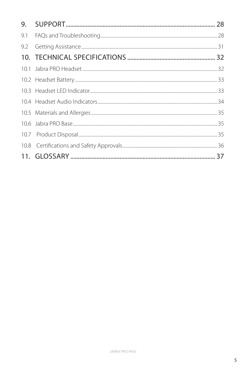 Support, Technical specifications, Glossary | Jabra Pro 9450 User Manual | Page 5 / 38