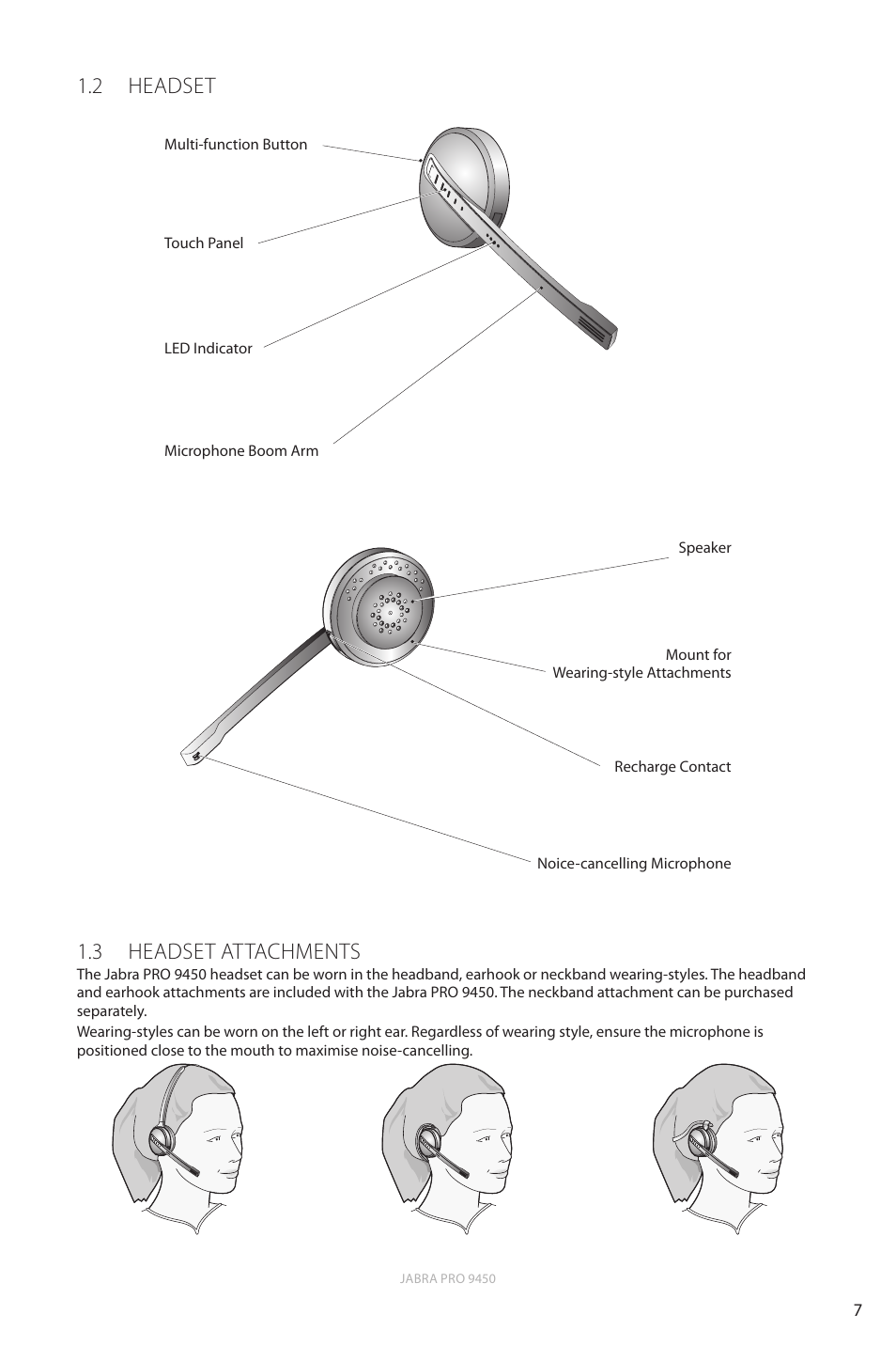 2 headset, 3 headset attachments, En g li sh | Jabra Pro 9450 User Manual | Page 7 / 38