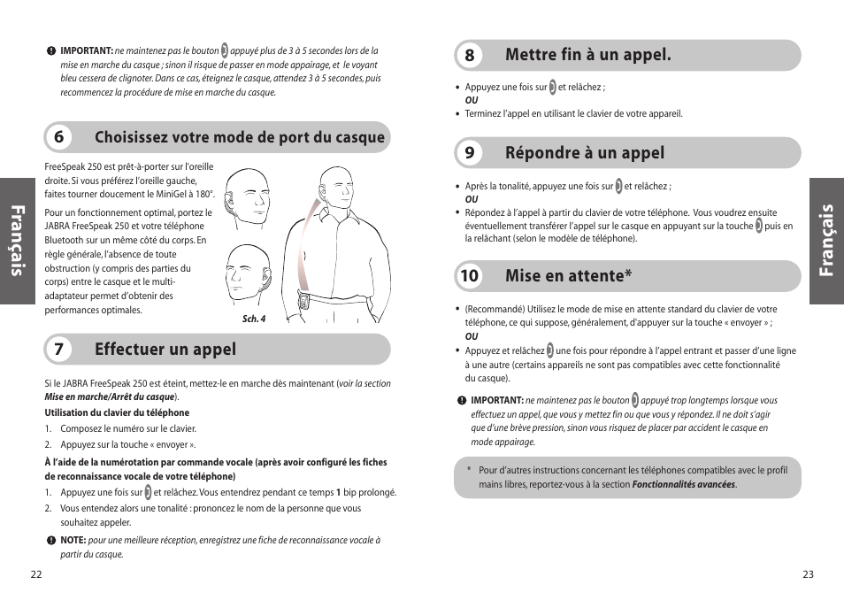 Français f rançais, Mise en attente* 10, Mettre fin à un appel. 8 effectuer un appel 7 | Répondre à un appel 9, Choisissez votre mode de port du casque | Jabra 250 User Manual | Page 12 / 87