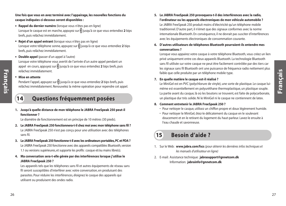 Français f rançais, Besoin d’aide ? 15, Questions fréquemment posées 14 | Jabra 250 User Manual | Page 14 / 87