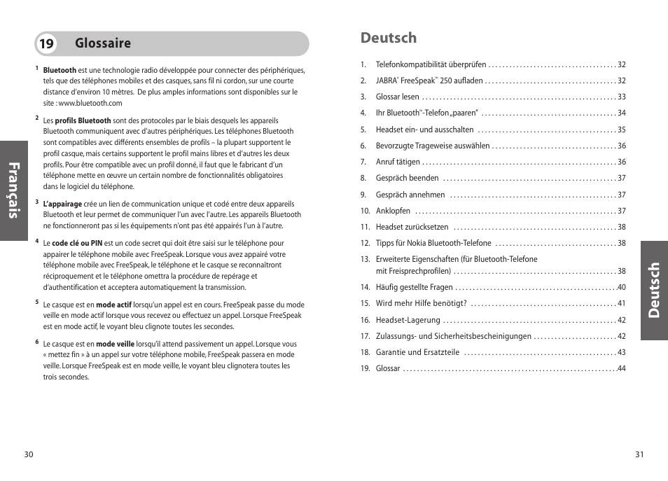 Deutsch, Français deutsch, Glossaire 19 | Jabra 250 User Manual | Page 16 / 87