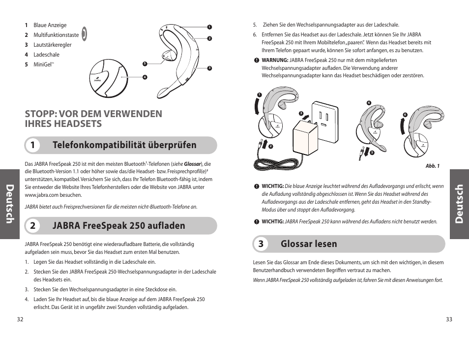 Deutsch, Glossar lesen 3, Jabra freespeak 250 aufladen 2 | Jabra 250 User Manual | Page 17 / 87