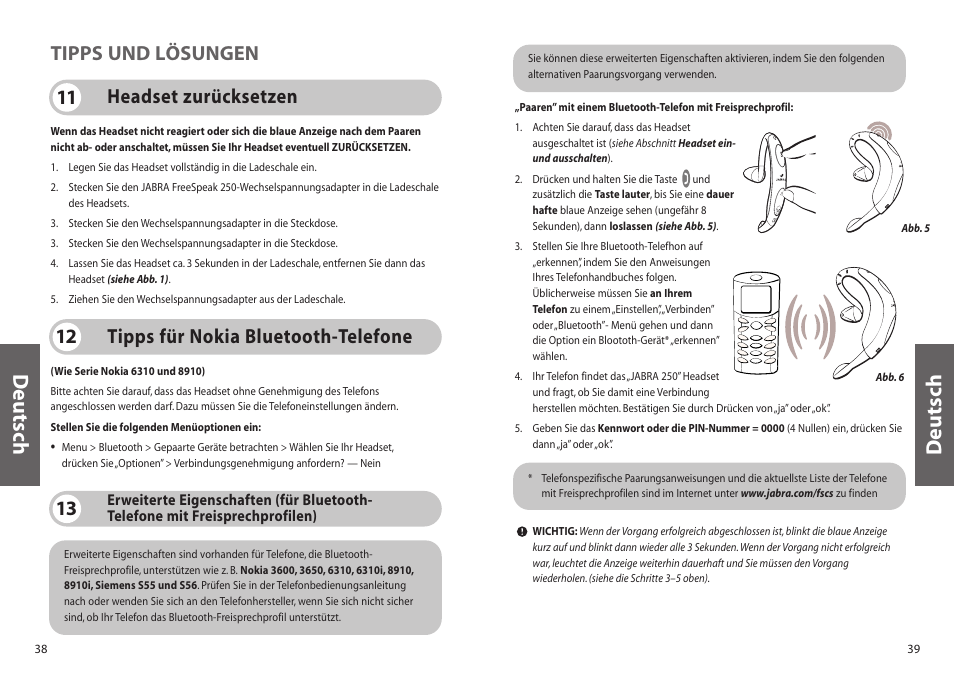 Deutsch, Tipps für nokia bluetooth-telefone 12, Headset zurücksetzen 11 tipps und lösungen | Jabra 250 User Manual | Page 20 / 87