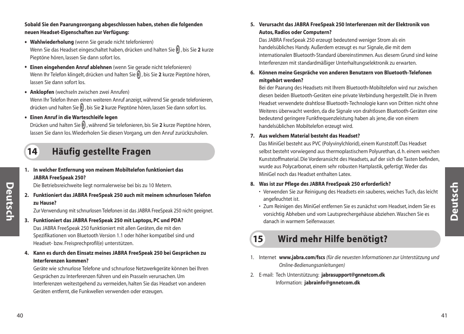 Deutsch, Häufig gestellte fragen, Wird mehr hilfe benötigt? 15 | Jabra 250 User Manual | Page 21 / 87