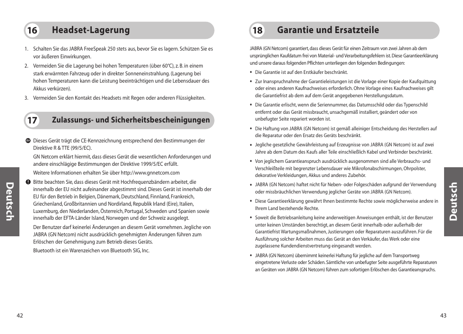 Deutsch, Garantie und ersatzteile 18, Headset-lagerung 16 | Jabra 250 User Manual | Page 22 / 87