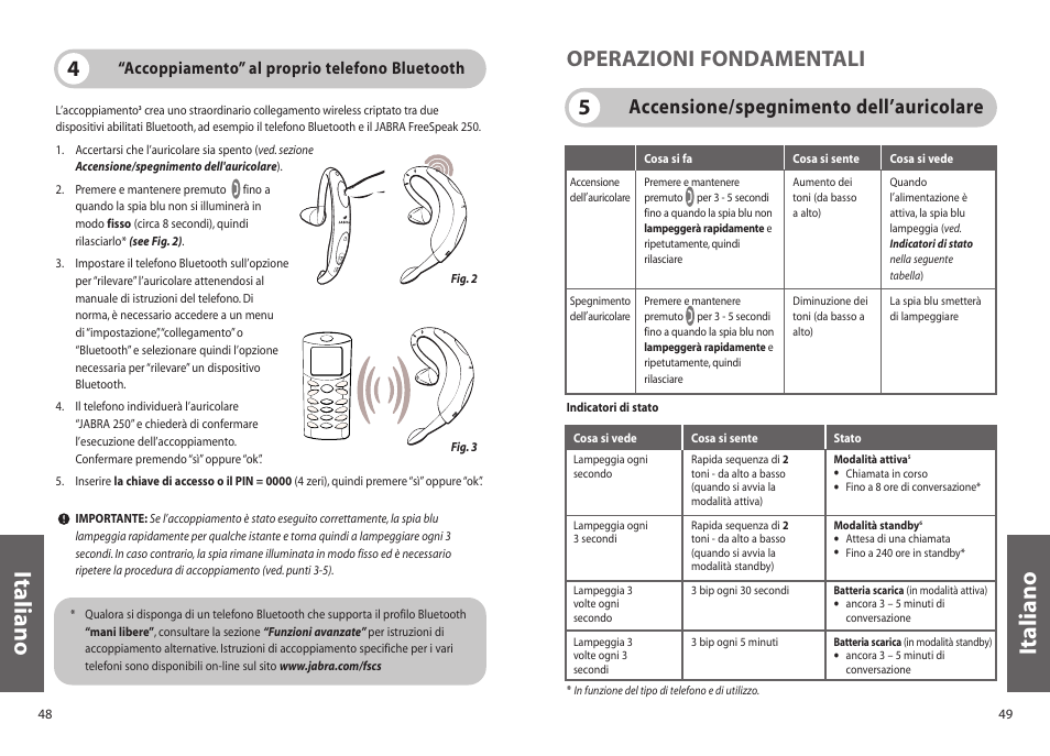 Italiano, 5operazioni fondamentali, Accensione/spegnimento dell’auricolare | Jabra 250 User Manual | Page 25 / 87