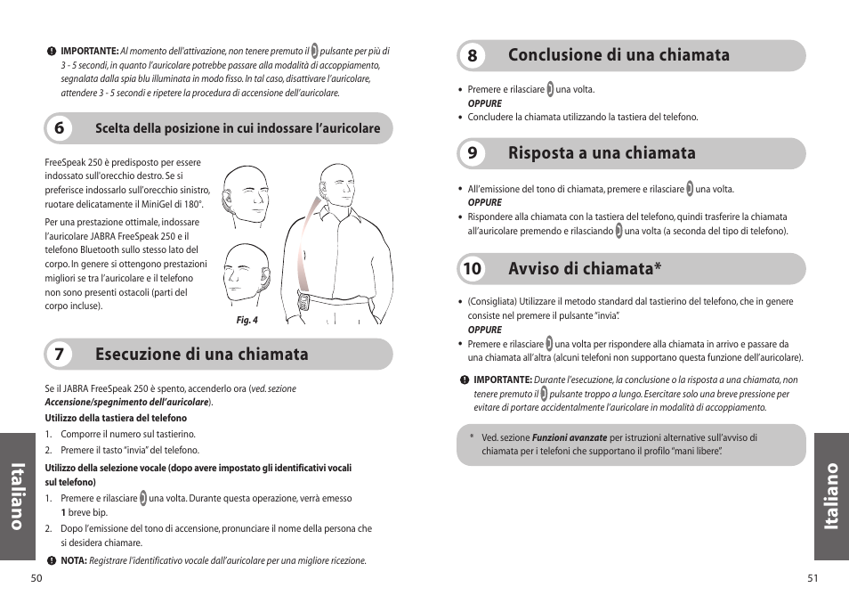 Italiano, Risposta a una chiamata 9, Avviso di chiamata* 10 | Jabra 250 User Manual | Page 26 / 87