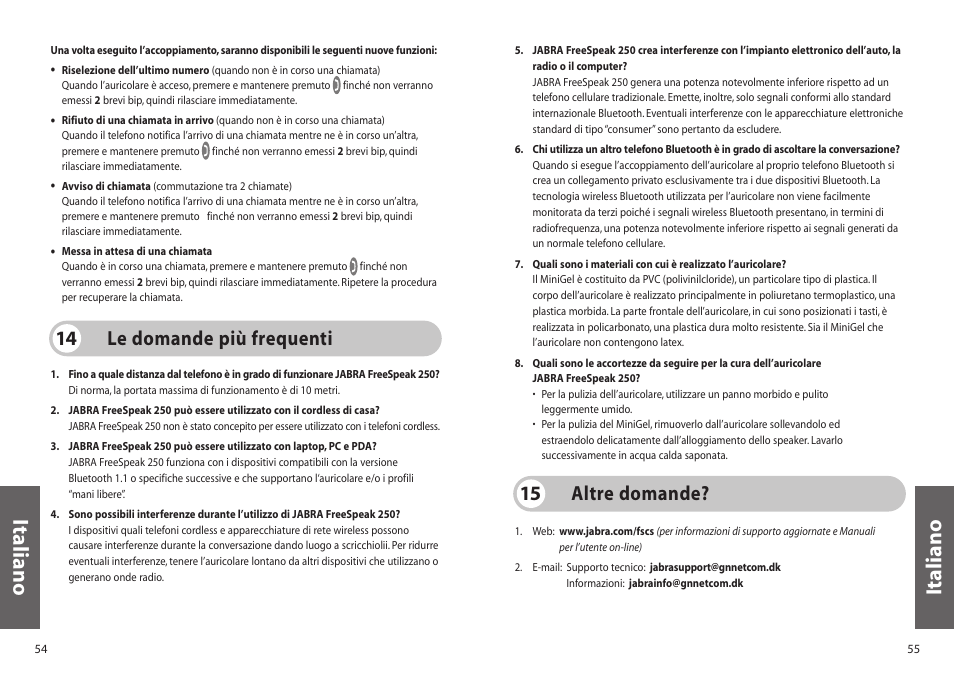 Italiano, Le domande più frequenti 14, Altre domande? 15 | Jabra 250 User Manual | Page 28 / 87