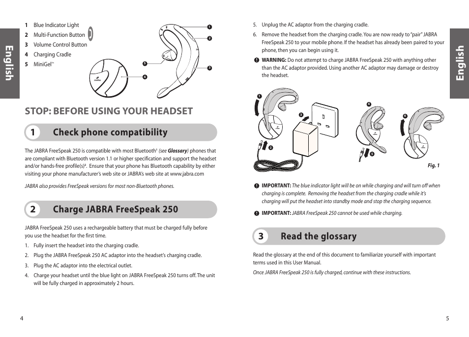 English, Charge jabra freespeak 250 2, Read the glossary 3 | Jabra 250 User Manual | Page 3 / 87