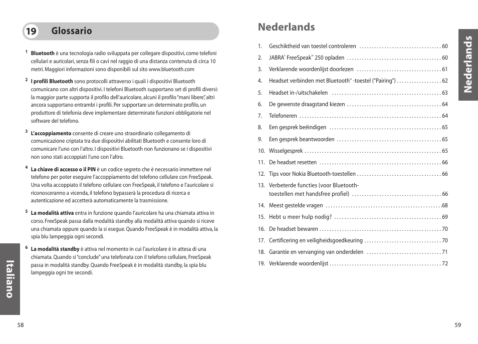 Nederlands, Nederlands italiano, Glossario 19 | Jabra 250 User Manual | Page 30 / 87