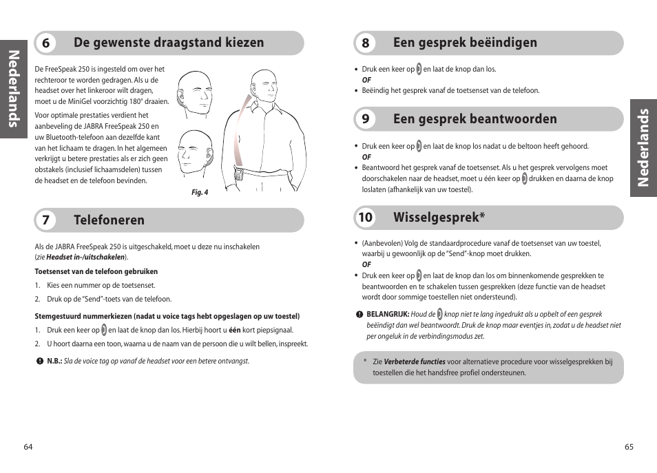 Nederlands, Telefoneren 7 de gewenste draagstand kiezen 6, Een gesprek beëindigen 8 | Wisselgesprek* 10, Een gesprek beantwoorden 9 | Jabra 250 User Manual | Page 33 / 87