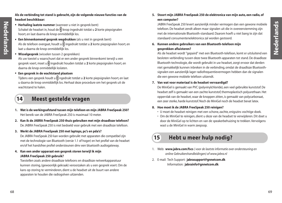 Nederlands, Meest gestelde vragen 14, Hebt u meer hulp nodig? 15 | Jabra 250 User Manual | Page 35 / 87