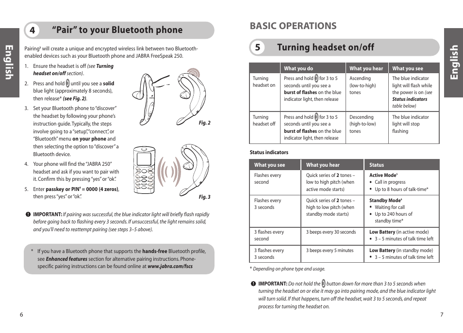 English, Turning headset on/off 5 basic operations, Pair” to your bluetooth phone 4 | Jabra 250 User Manual | Page 4 / 87