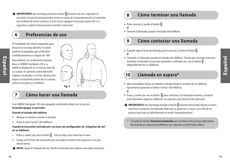 Español, Llamada en espera* 10, Preferencias de uso 6 | Cómo contestar una llamada 9 | Jabra 250 User Manual | Page 40 / 87