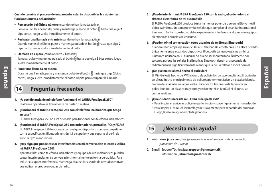 Español, Preguntas frecuentes 14, Necesita más ayuda? 15 | Jabra 250 User Manual | Page 42 / 87