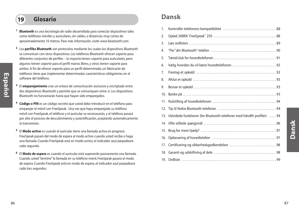 Dansk, Español dansk, Glosario 19 | Jabra 250 User Manual | Page 44 / 87