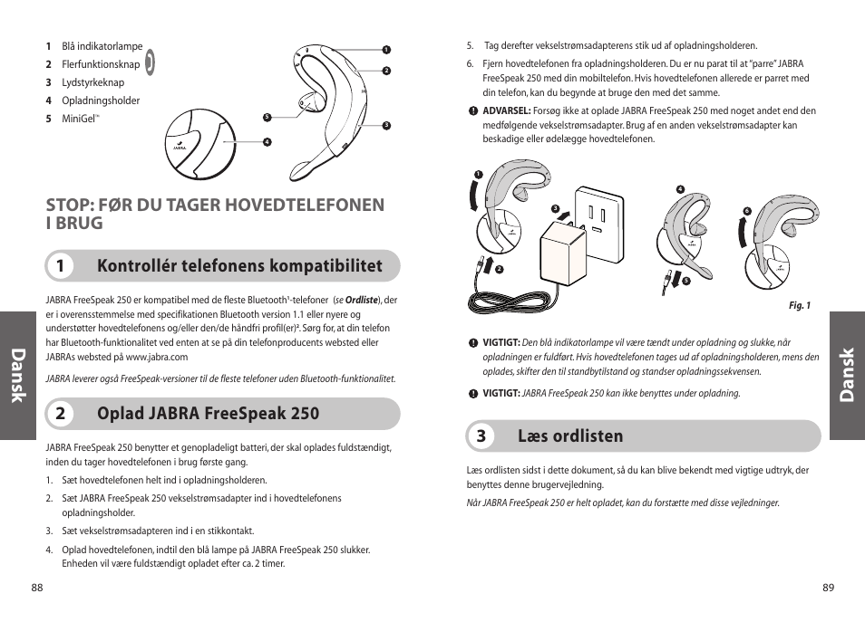 Dansk, Læs ordlisten 3, Oplad jabra freespeak 250 2 | Jabra 250 User Manual | Page 45 / 87