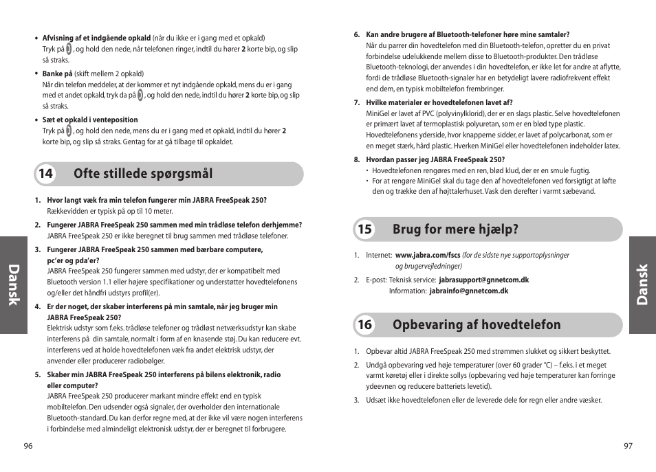 Dansk, Ofte stillede spørgsmål 14, Brug for mere hjælp? 15 | Opbevaring af hovedtelefon 16 | Jabra 250 User Manual | Page 49 / 87