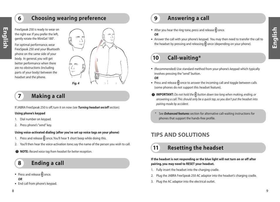 English, Ending a call 8 call-waiting* 10 making a call 7, Choosing wearing preference 6 | Answering a call 9, Resetting the headset 11 tips and solutions | Jabra 250 User Manual | Page 5 / 87