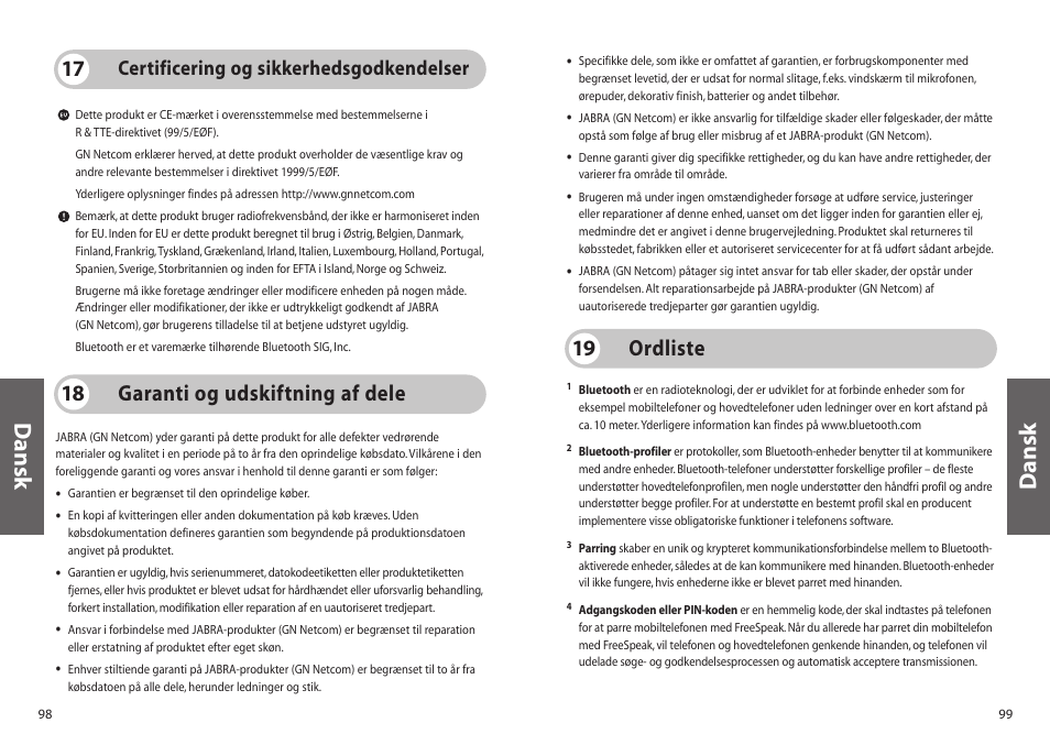 Dansk, Garanti og udskiftning af dele 18, Ordliste 19 | Certificering og sikkerhedsgodkendelser | Jabra 250 User Manual | Page 50 / 87