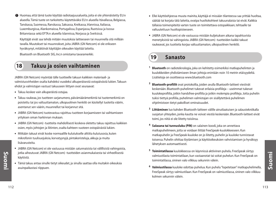 Suomi, Takuu ja osien vaihtaminen 18, Sanasto 19 | Jabra 250 User Manual | Page 57 / 87