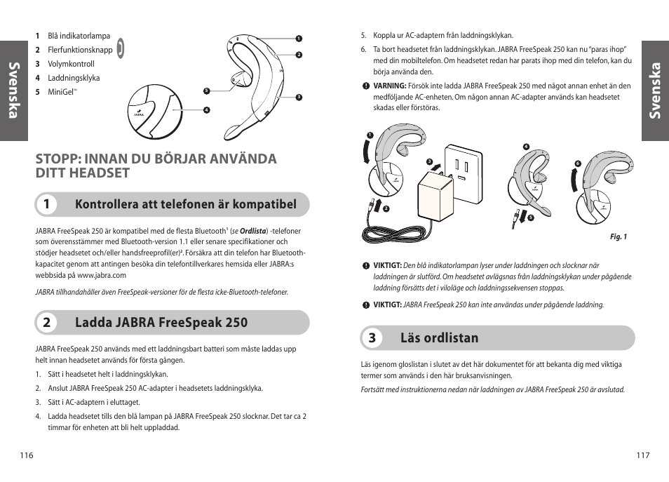 Sv enska s v enska, Läs ordlistan 3, Stopp: innan du börjar använda ditt headset | Ladda jabra freespeak 250 2, Kontrollera att telefonen är kompatibel | Jabra 250 User Manual | Page 59 / 87