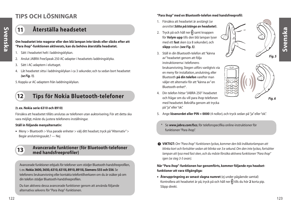 Sv enska s v enska, Tips för nokia bluetooth-telefoner 12, Återställa headsetet 11 tips och lösningar | Jabra 250 User Manual | Page 62 / 87