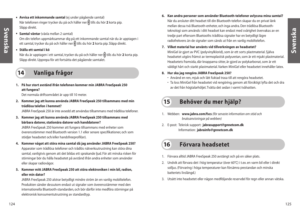 Sv enska s v enska, Vanliga frågor 14, Behöver du mer hjälp? 15 | Förvara headsetet 16 | Jabra 250 User Manual | Page 63 / 87