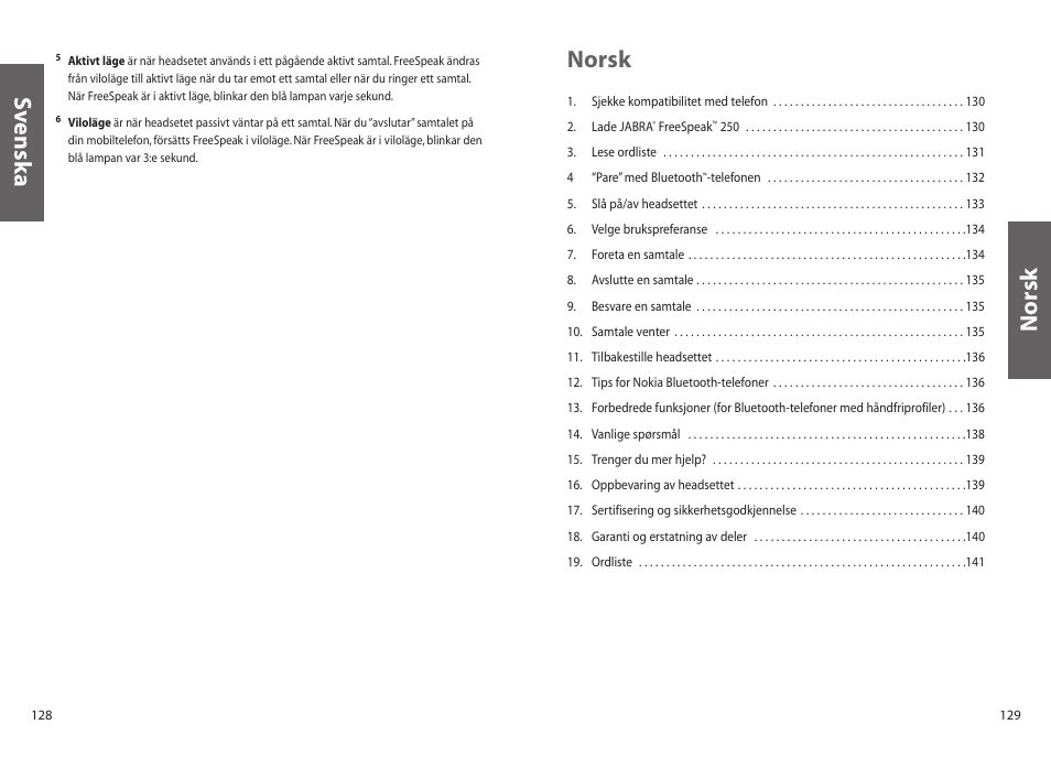 Norsk, Sv enska norsk | Jabra 250 User Manual | Page 65 / 87