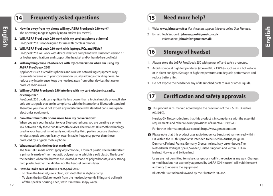 English, Frequently asked questions 14, Need more help? 15 | Storage of headset 16, Certification and safety approvals 17 | Jabra 250 User Manual | Page 7 / 87