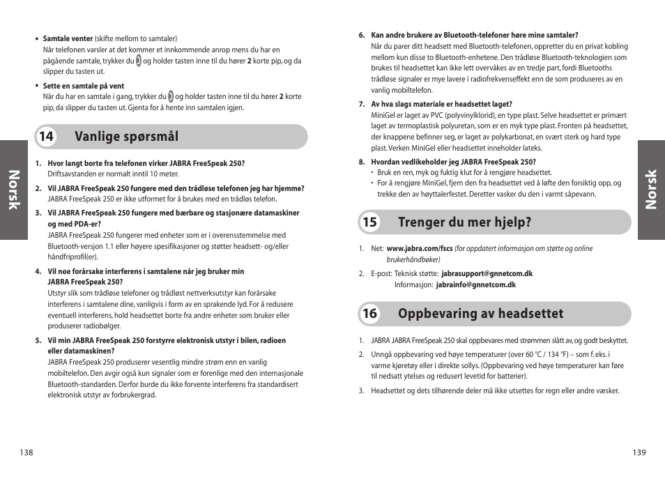 Norsk, Vanlige spørsmål 14, Trenger du mer hjelp? 15 | Oppbevaring av headsettet 16 | Jabra 250 User Manual | Page 70 / 87