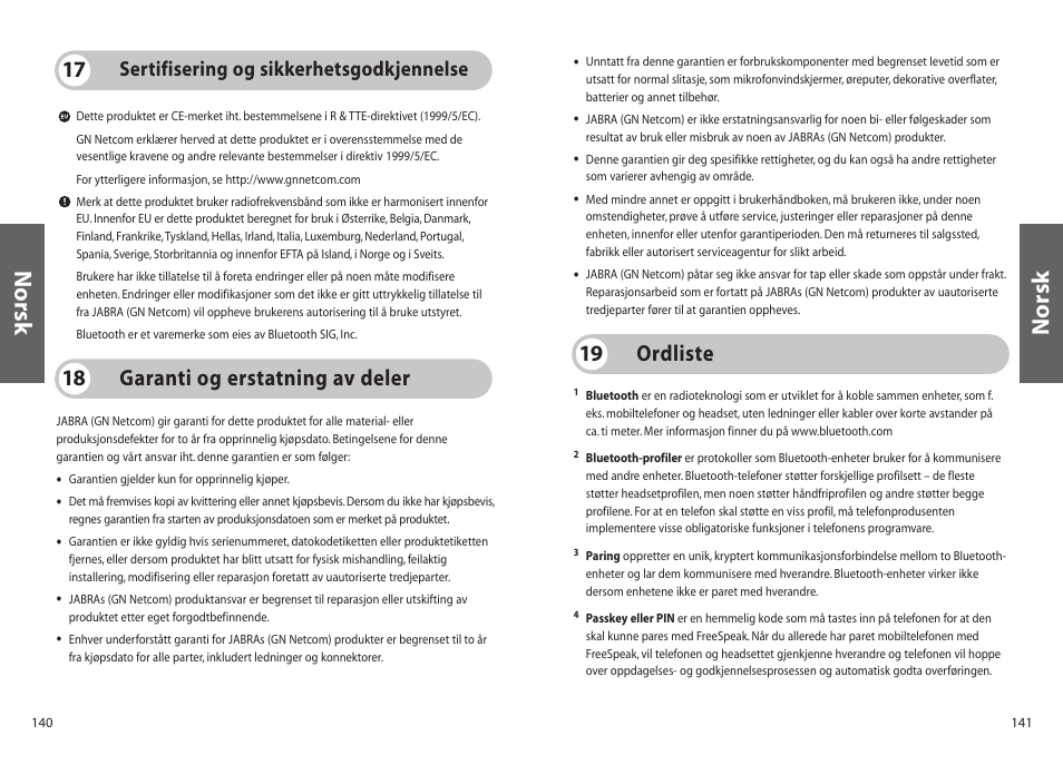 Norsk, Garanti og erstatning av deler 18, Ordliste 19 | Sertifisering og sikkerhetsgodkjennelse | Jabra 250 User Manual | Page 71 / 87