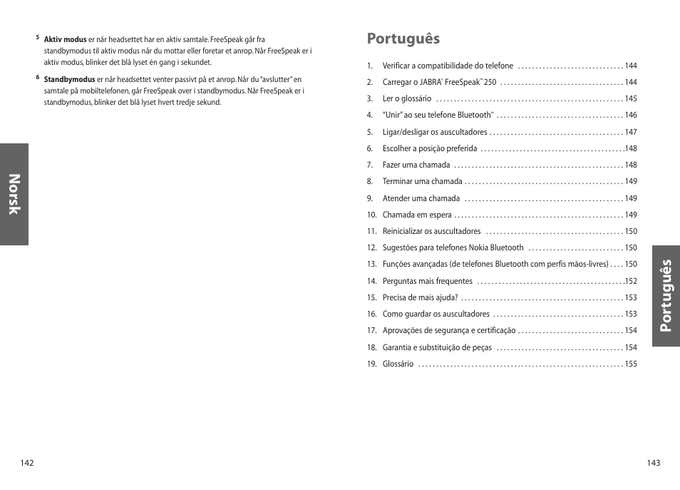 Português, Norsk p o rtuguês | Jabra 250 User Manual | Page 72 / 87