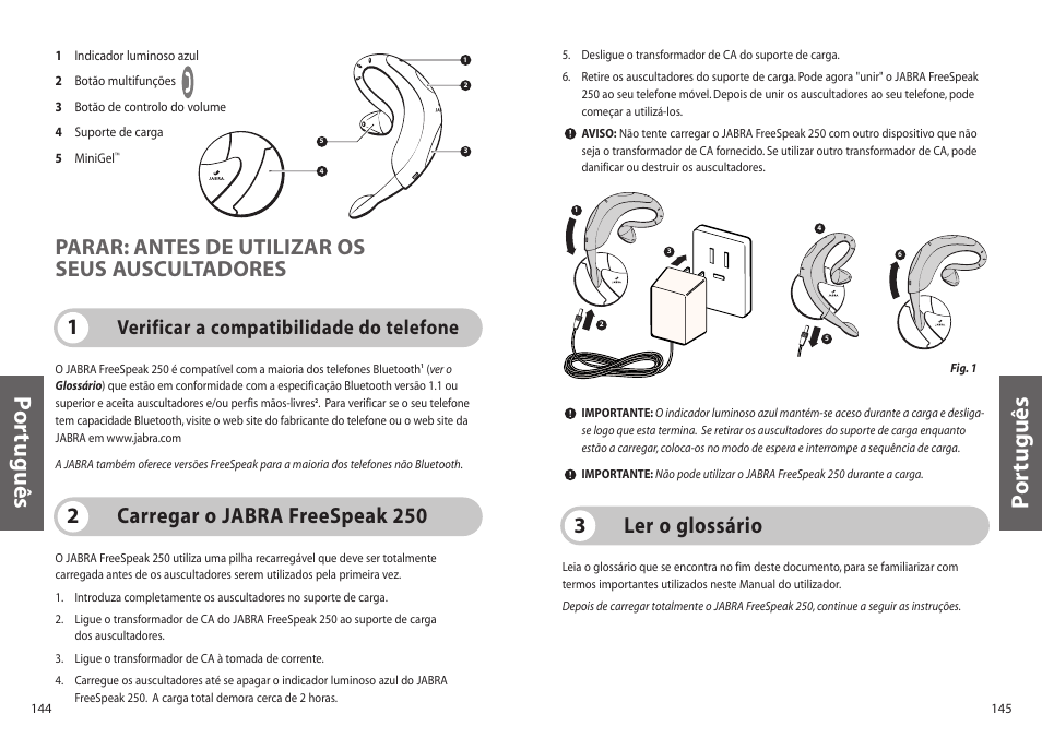 Po rtuguês p o rtuguês, Ler o glossário 3, 1parar: antes de utilizar os seus auscultadores | Carregar o jabra freespeak 250 2, Verificar a compatibilidade do telefone | Jabra 250 User Manual | Page 73 / 87
