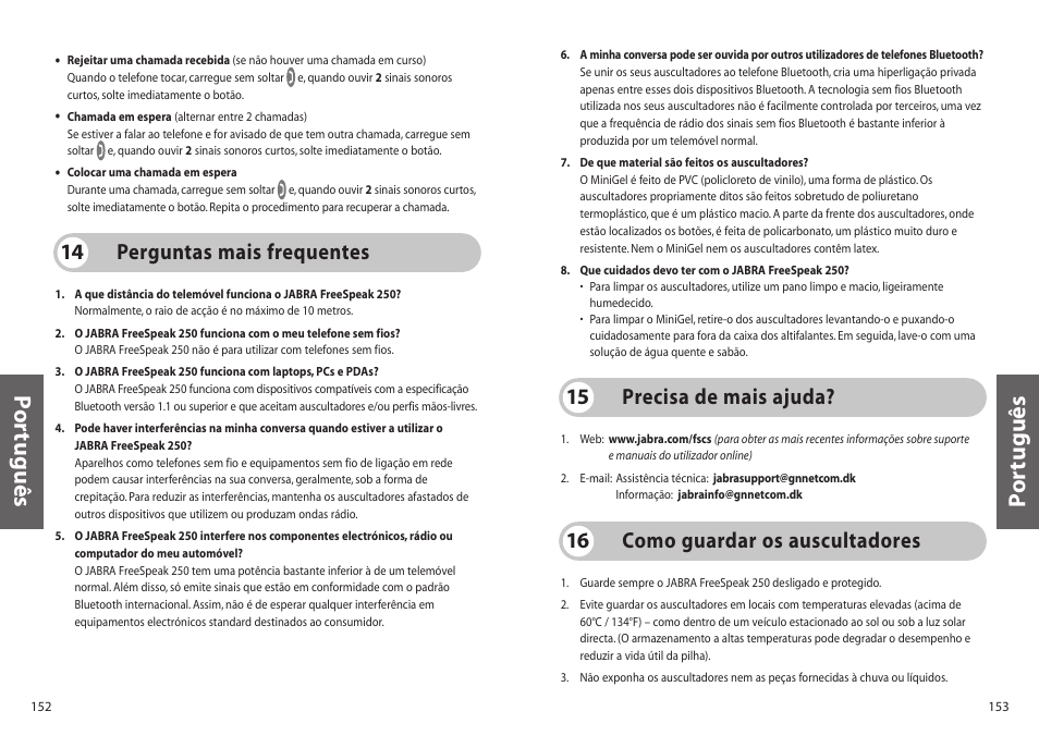 Po rtuguês p o rtuguês, Perguntas mais frequentes 14, Precisa de mais ajuda? 15 | Como guardar os auscultadores 16 | Jabra 250 User Manual | Page 77 / 87