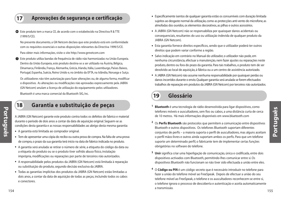 Po rtuguês p o rtuguês, Garantia e substituição de peças 18, Glossário 19 | Aprovações de segurança e certificação | Jabra 250 User Manual | Page 78 / 87