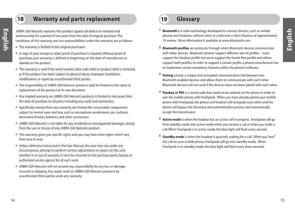 English, Warranty and parts replacement, Glossary 19 | Jabra 250 User Manual | Page 8 / 87