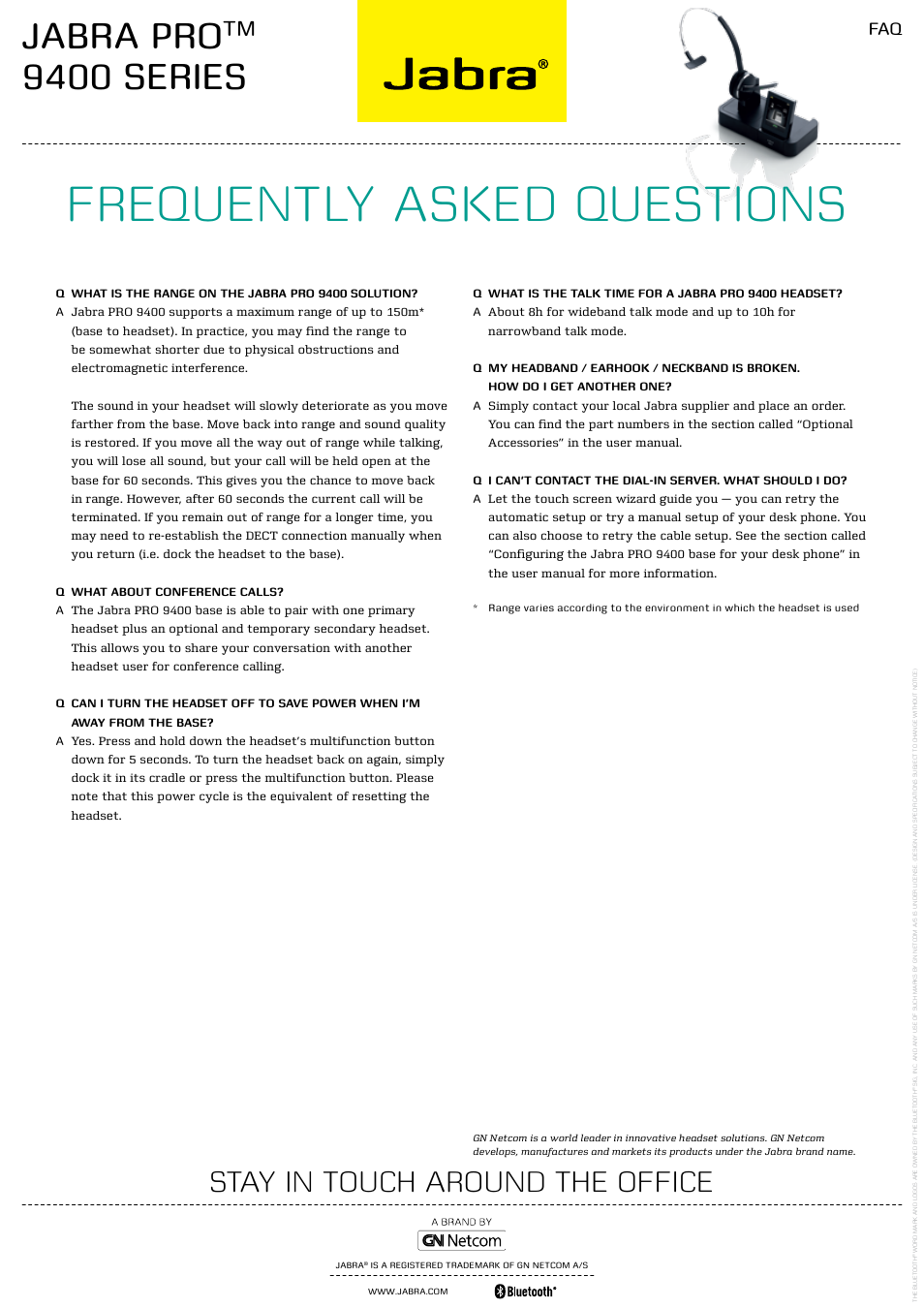 Frequently asked questions, Jabra pro, 9400 series | Stay in touch around the office | Jabra PrOTM 9400 User Manual | Page 3 / 3