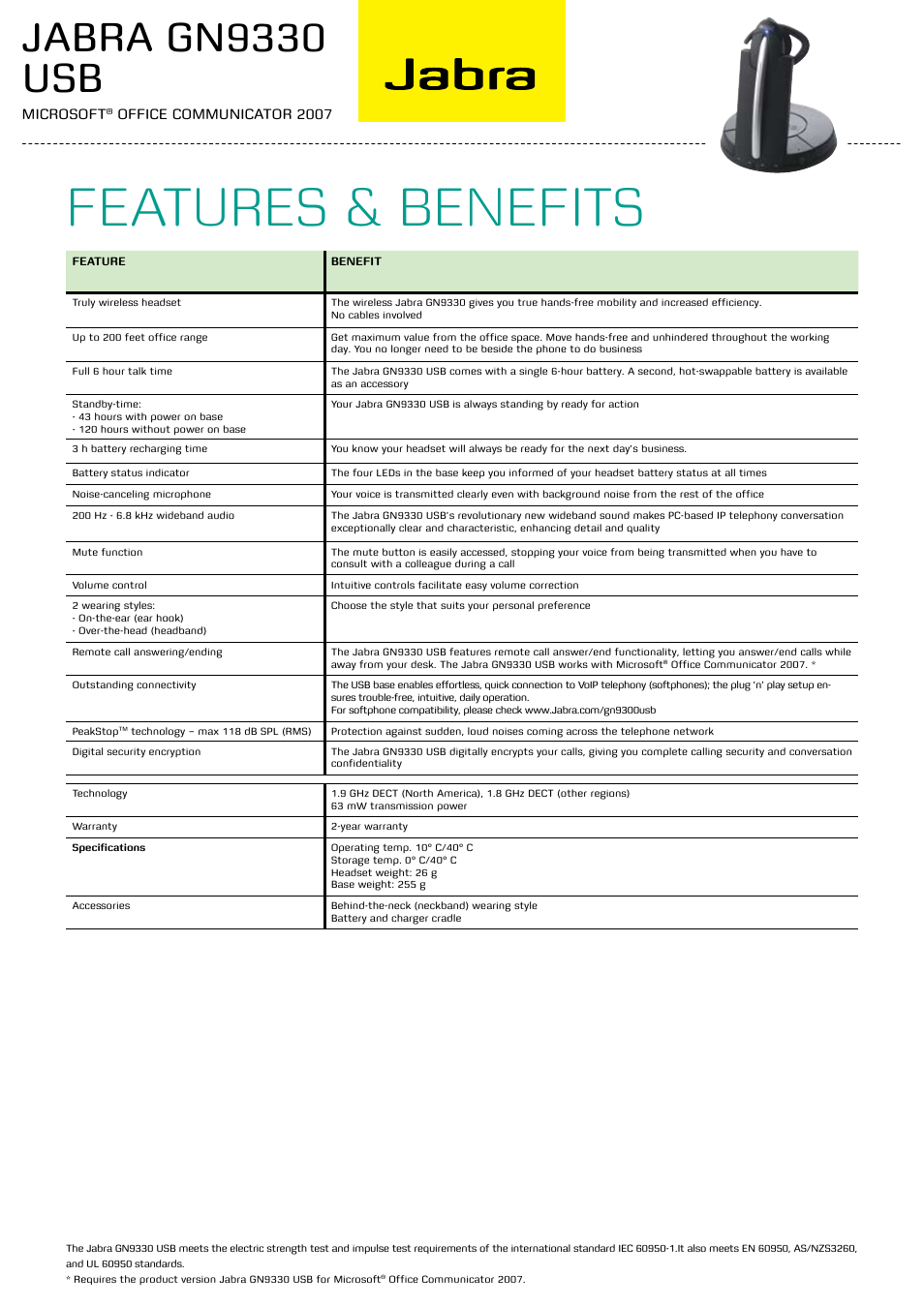 Features & benefits, Jabra gn9330 usb | Jabra GN9330 USB User Manual | Page 2 / 2