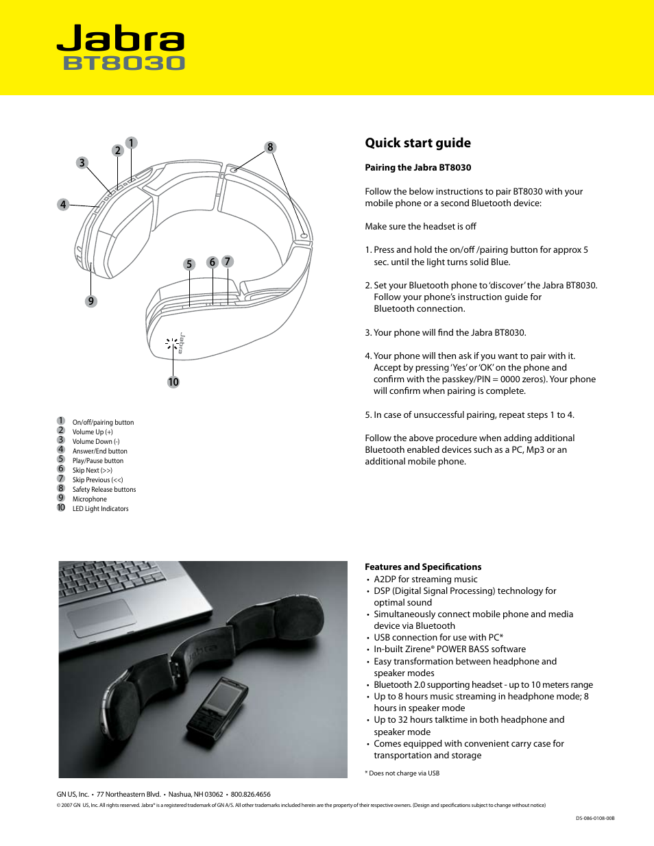 Jabra, Bt8030, Quick start guide | Jabra BT8030 User Manual | Page 2 / 2
