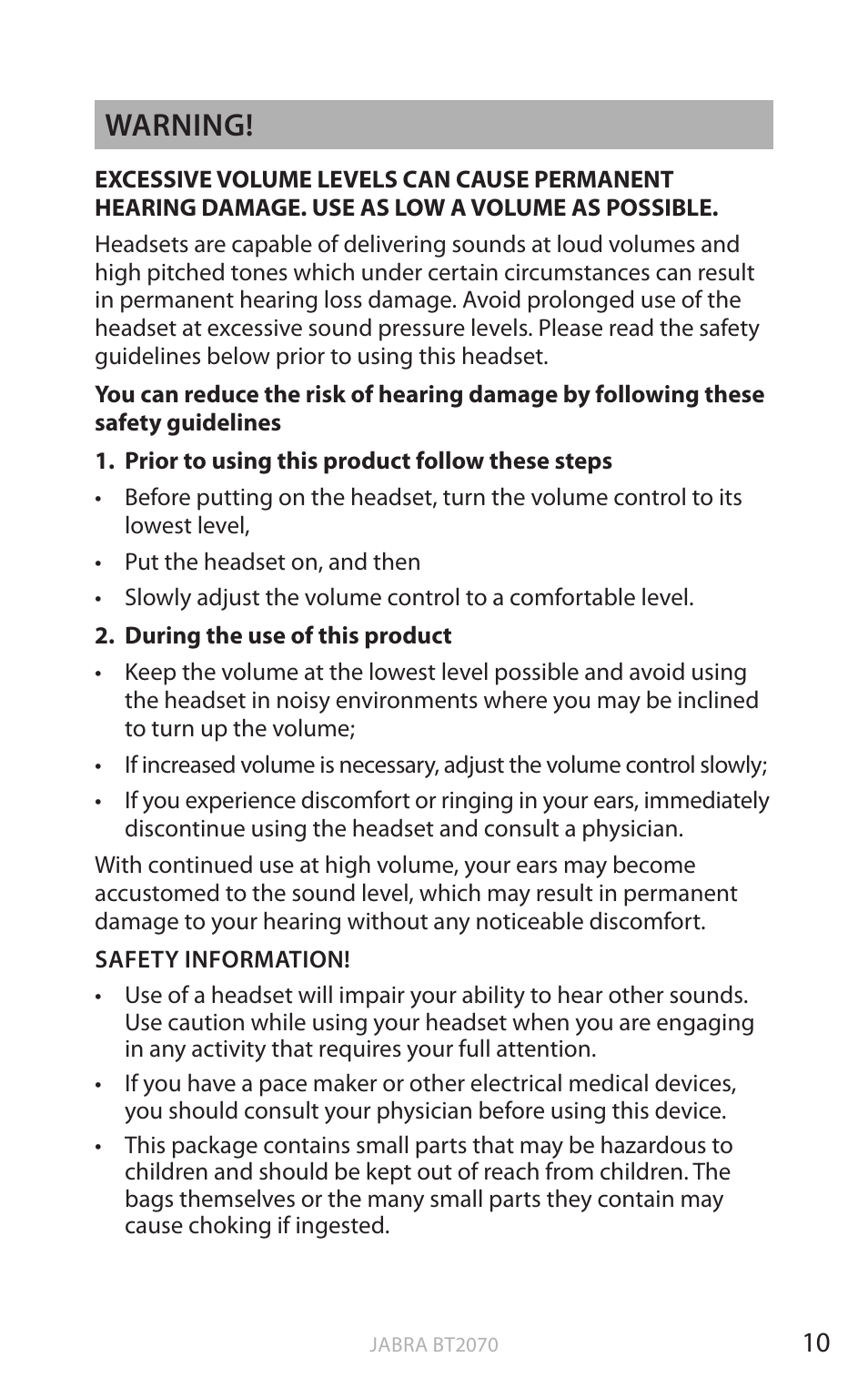 En g li sh, Warning | Jabra BT2070 User Manual | Page 11 / 18