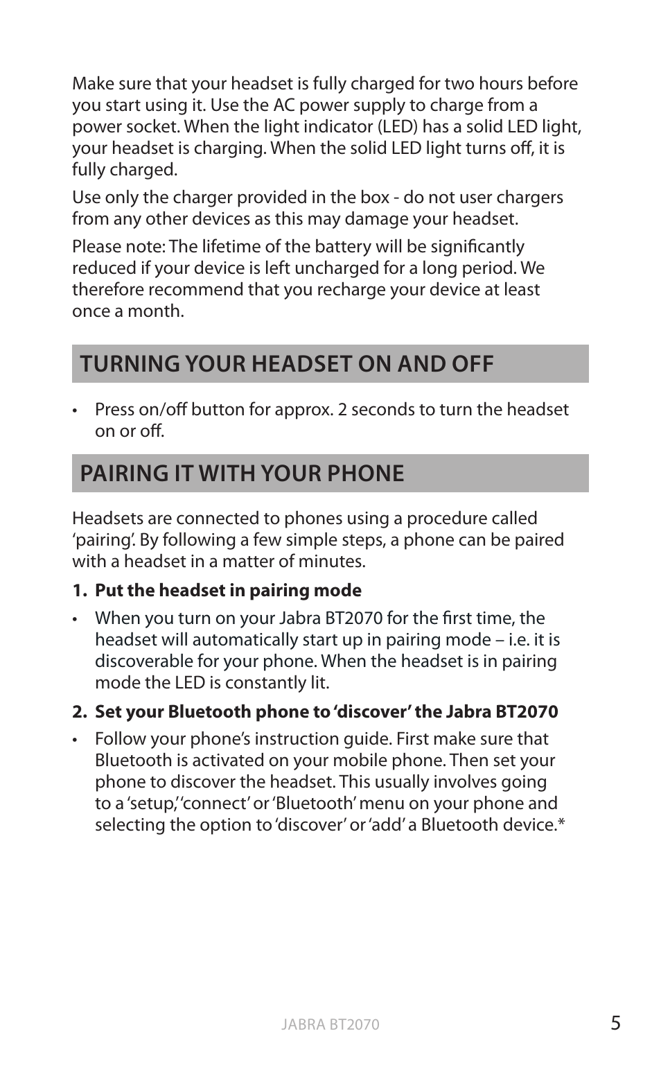 En g li sh, Turning your headset on and off, Pairing it with your phone | Jabra BT2070 User Manual | Page 6 / 18