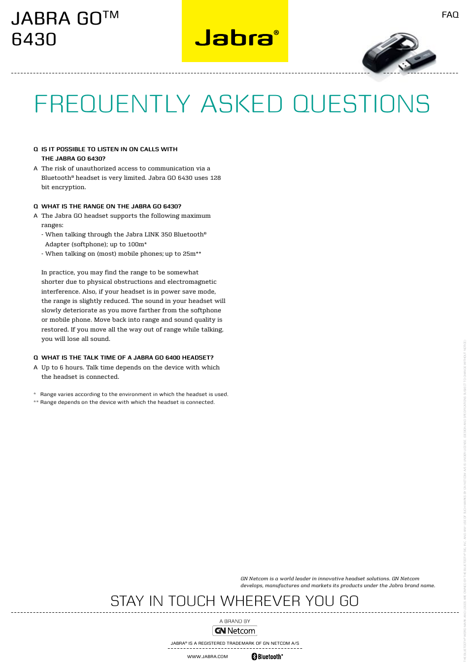 Frequently asked questions, Jabra go, Stay in touch wherever you go | Jabra 6430 User Manual | Page 2 / 2