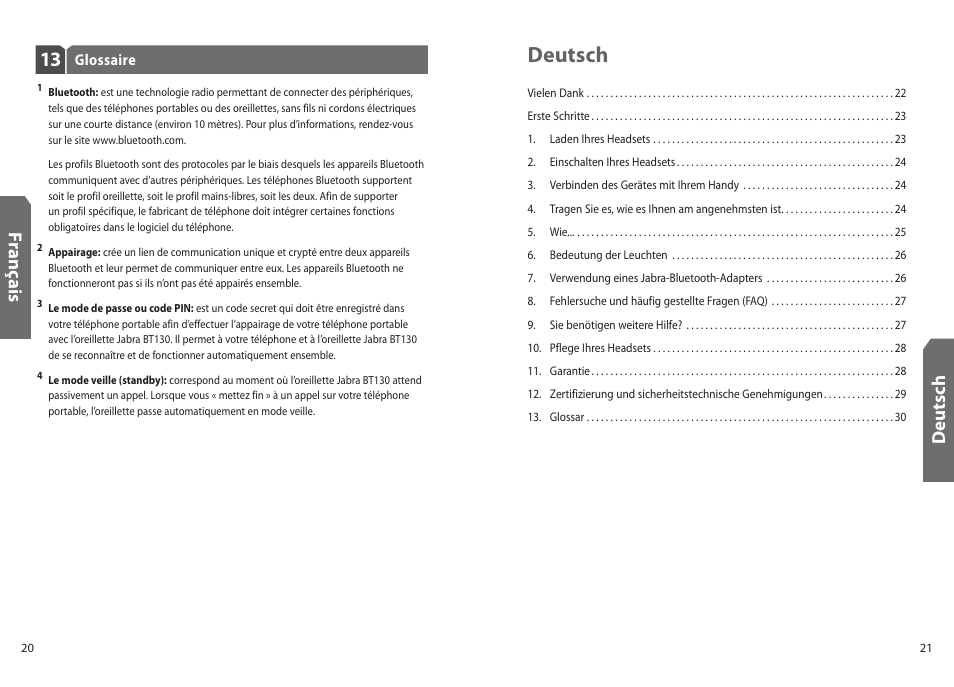 Deutsch, Fr an ça is, Deu ts ch | Jabra BT130 User Manual | Page 13 / 63