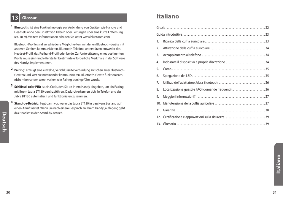 Italiano, Deu ts ch, It al ia n o | Jabra BT130 User Manual | Page 18 / 63