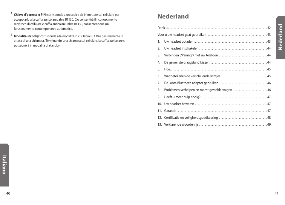 Nederland, Ita lia n o, Ned er la n d | Jabra BT130 User Manual | Page 23 / 63